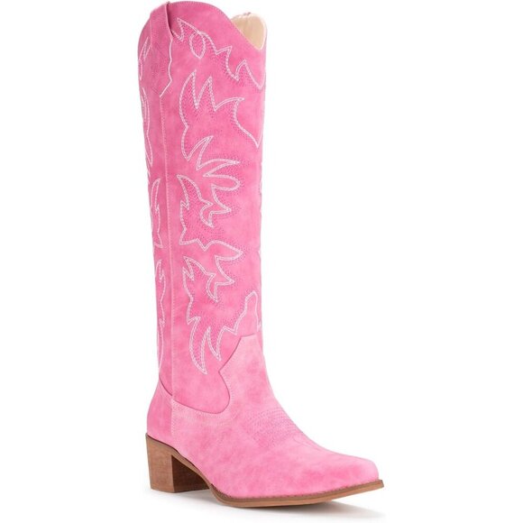 Women Faux Leather Pink Side Zipper Chunky Heel Knee High Western Cowgirl Boots - Picture 2 of 8